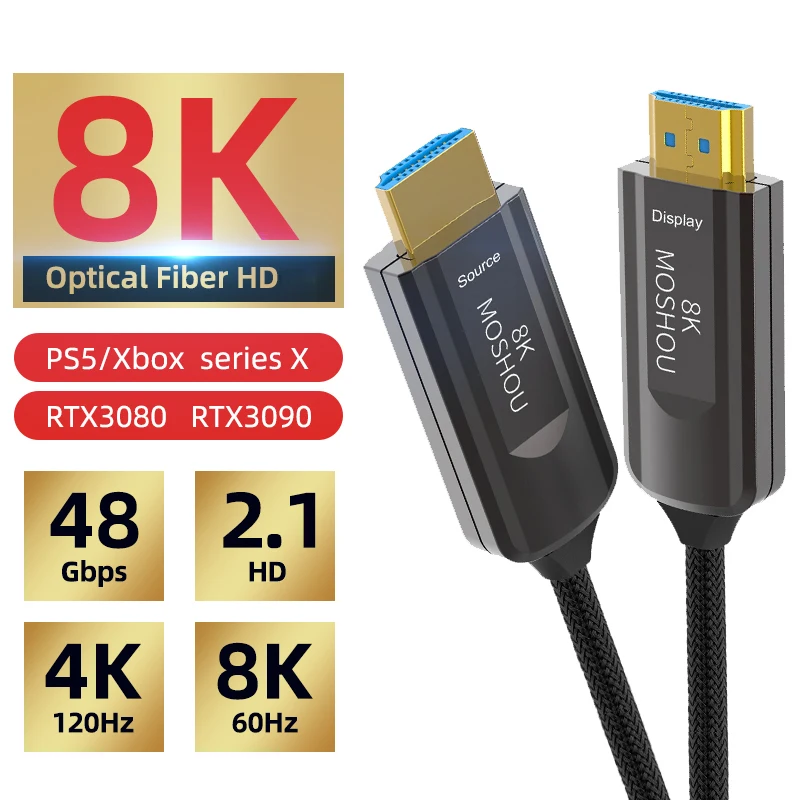 

Moshou HDMI-compatible 2.1 Cable 8K @60Hz 4K@120Hz 48Gbps Fiber Optic Ultra High Speed HDR eARC for RTX 3070/3080/RTX3090/PS5