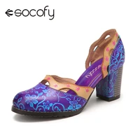 socofy elegant floral printed hollow out cowhide leather comfy slip on chunky heel dorsay pumps sandals womens sandalen shoes