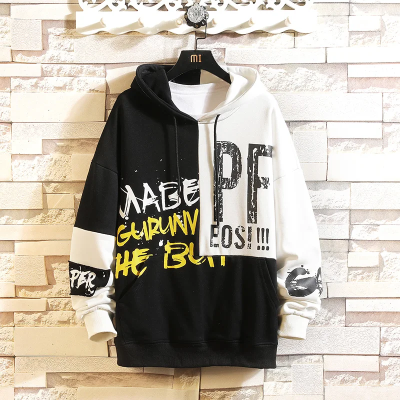 

2021 Spring New Trend Patchwork Print Hooded Hoodies Sweatshirt Hip Hop Loose Coat For Men Streetwear Harajuku Casual Clothing