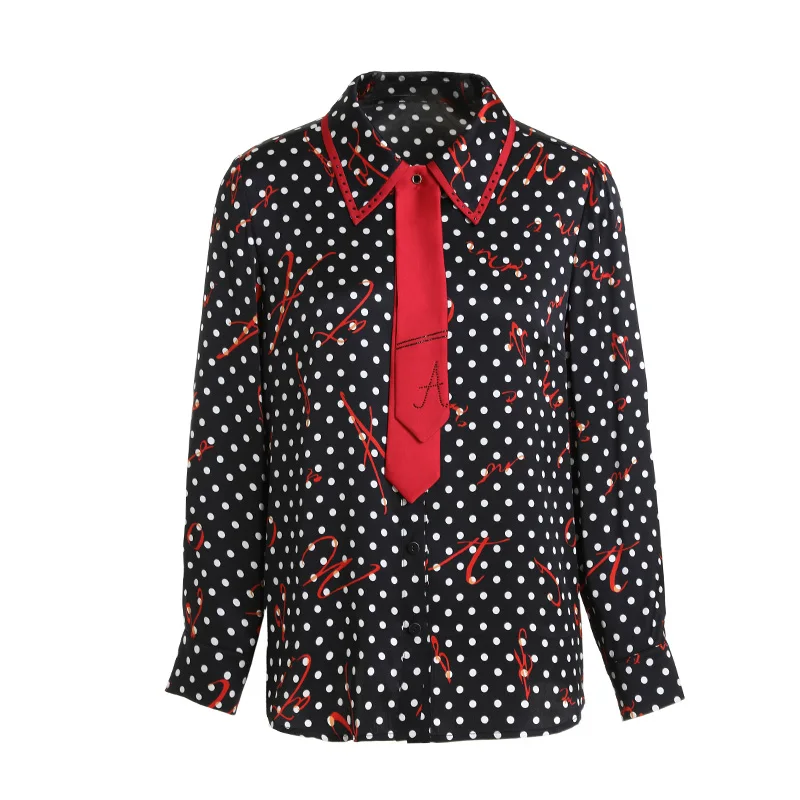 

Gowani Autumn Women Silk Blouse Polka Dots Printed Black Mock Tie Turn-down Collar Shirt Vintage Fashion