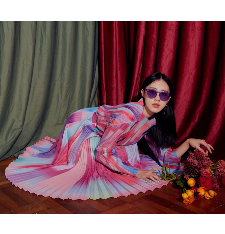 HOT SELLING Miyake fold fashion stand neck T-shirts + stripe skirt  Rainbow stripe  two-piece suit IN STOCK
