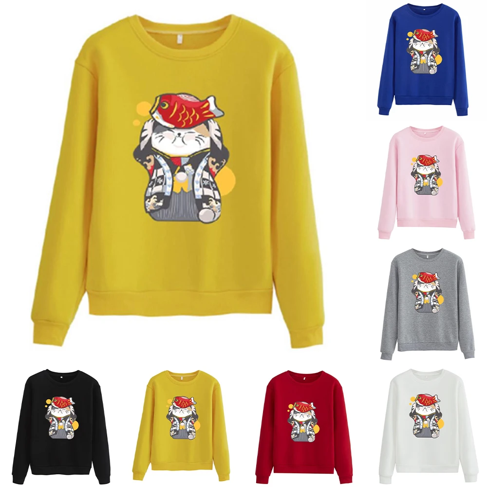 

Милые Мультяшные пуловеры с котом для женщин и мужчин, свитшоты для пар, Осенний студенческий пуловер с длинным рукавом, повседневные спорт...
