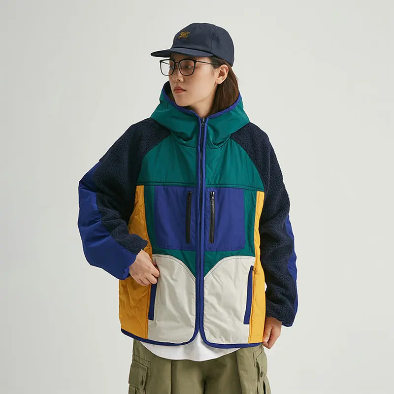 Autumn Winter New Japan Style Lamb Hair Contrast Color Cotton Jacket Women Hooded Patchwork Outerwear Coats 2012254