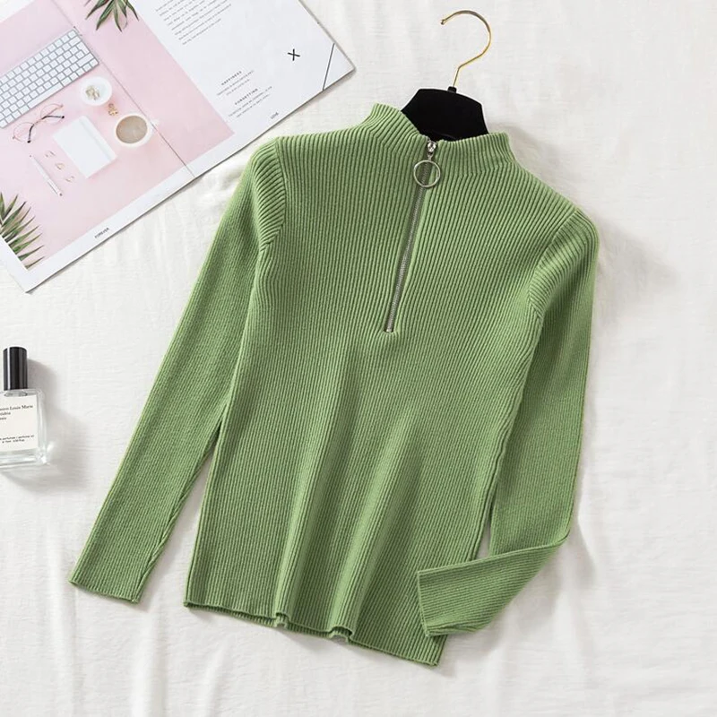 Casual Zipper Women Sweater Turtleneck 2019 Autumn Winter Knitted Pullovers Long Sleeve Soft Slim-fit tight Jumper Tops | Женская одежда