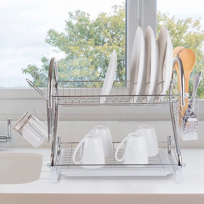 

S-Shaped 2-Tier Multi-Function Stainless Steel Dish Drying RackCup Drainer Holder For Kitchen Silver
