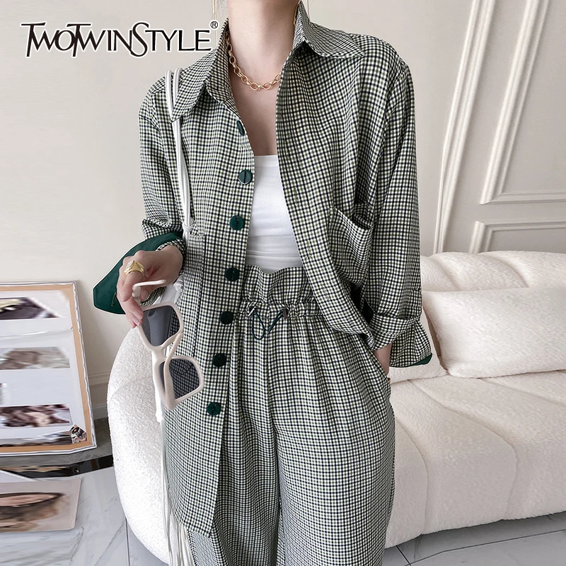 

Женская рубашка в клетку TWOTWINSTYLE, свободная Повседневная рубашка с отложным воротником и длинными рукавами,