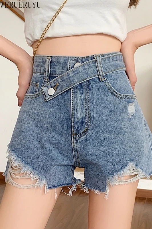 

WERUERUYU Vintage Washed Denim Shorts Sexy Hole Ripped Jeans Shorts High Waist Ladies Short Pants Summer Hot Shorts Femme