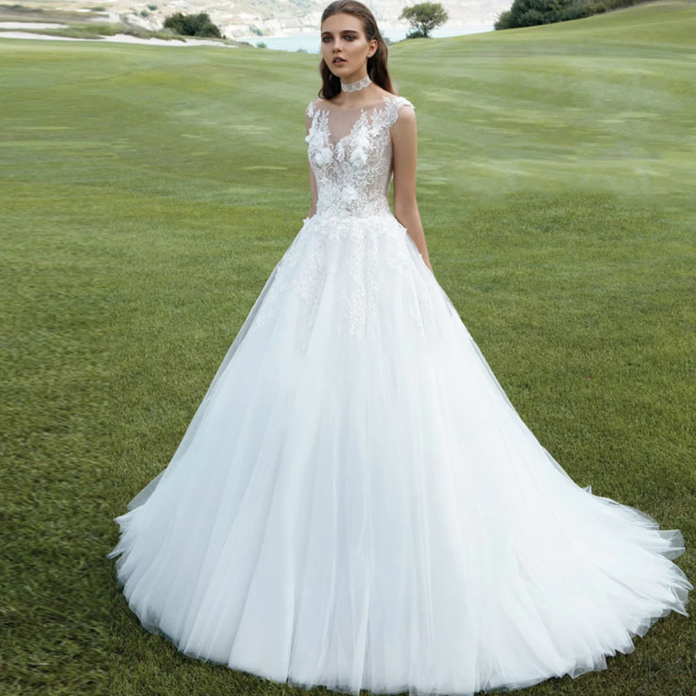 

A Line Scoop Neck Wedding Dress Sleeveless Flowers Lace Appliques Illusion Button Sweep Train Bridal Gowns 2021 Vestido De Noiva
