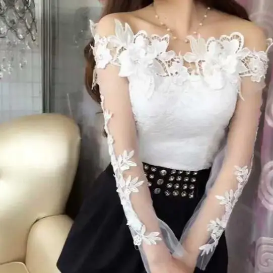 2020 весна лето женская рубашка Милая Цветочная кружевная блузка с длинным рукавом