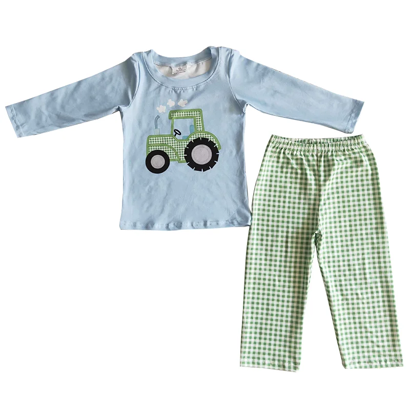 

New Born Baby Clothes Set Baby Girls Sky Blue Color Long Sleeve With Truck Green Plaid Pants Set No Moq