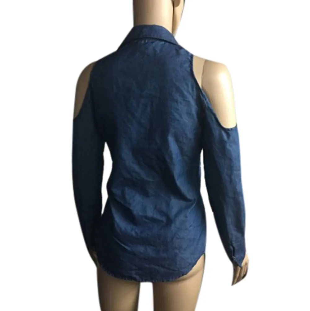 denim shirt Women Off Shoulder Blue Jeans Cotton Denim Long Sleeve Shirt Tops Blouse d90813 | Женская одежда