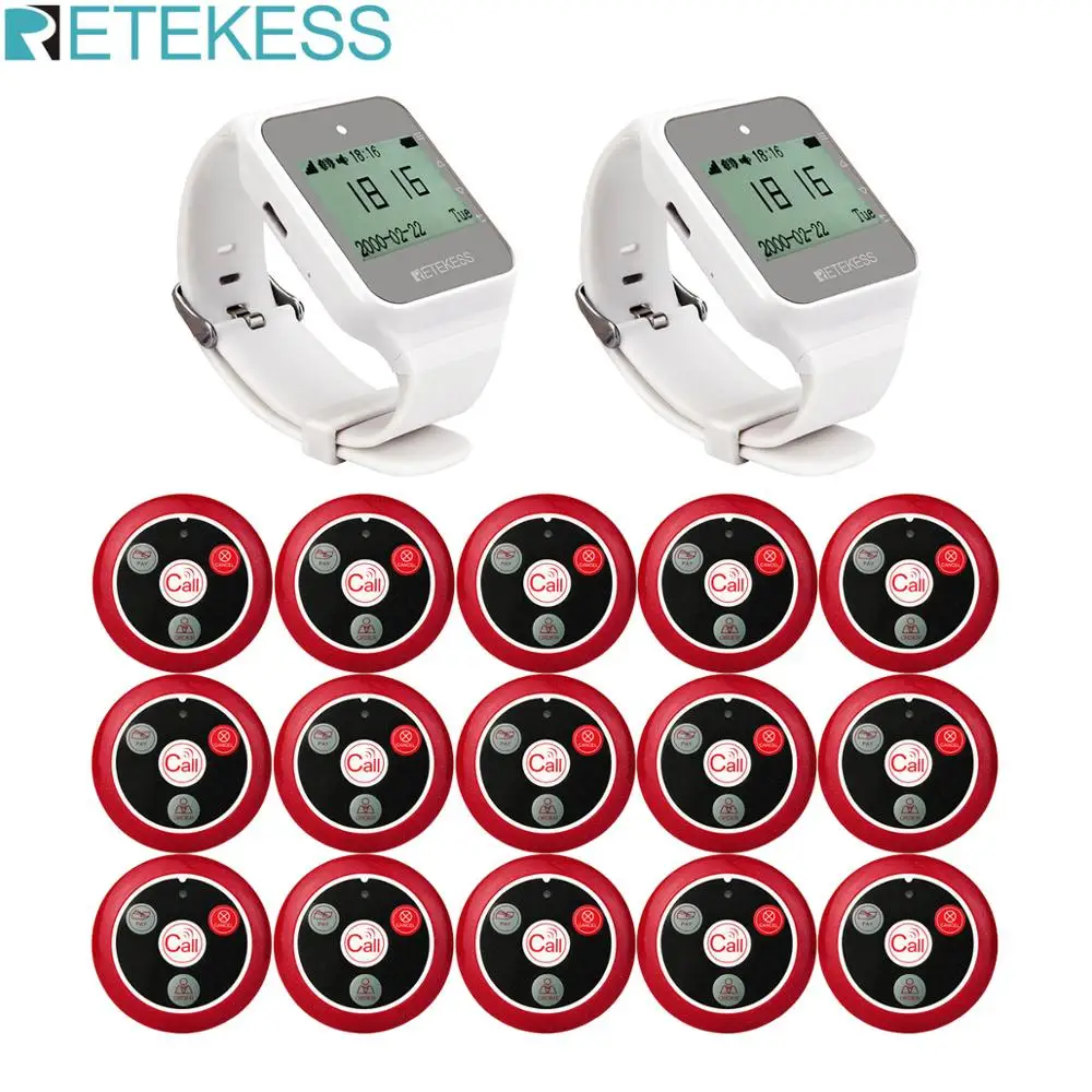 Retekess 999CH 2 шт. TD108 часы приемник+ 15 шт. кнопка вызова передатчик беспроводной пейджер ресторан Официант Система вызова 433 МГц