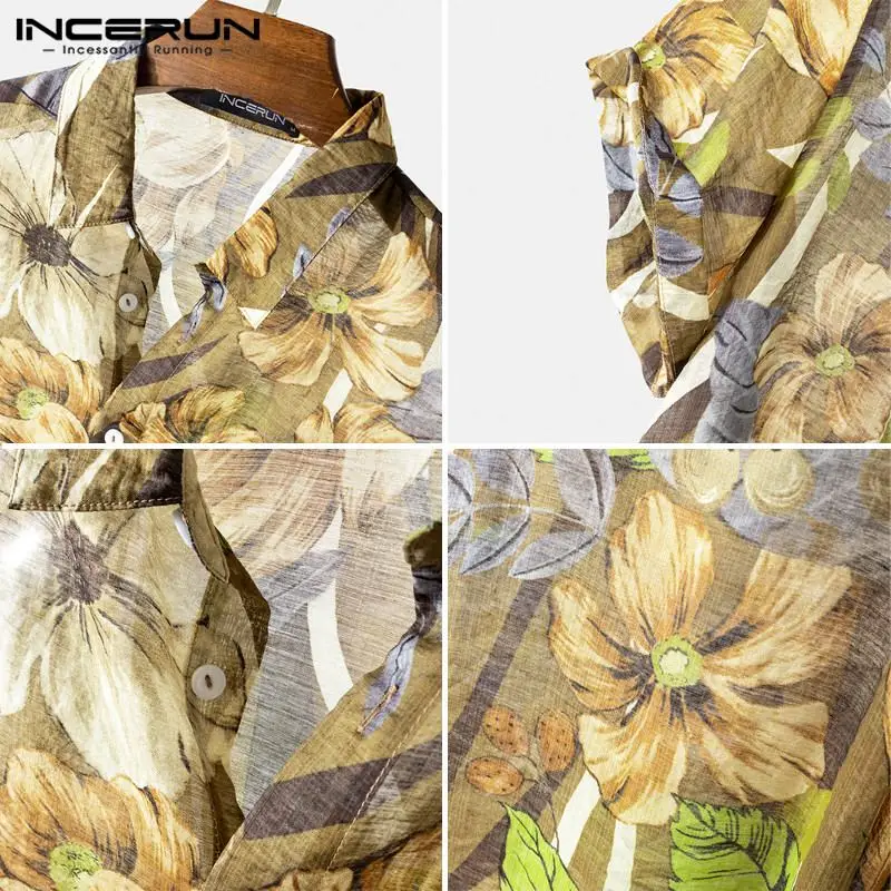 

2021 Men Hawaiian Shirt Flower Printed Lapel Short Sleeve Breathable Beach Casual Blouse Summer Streetwear Camisas S-3XL INCERUN