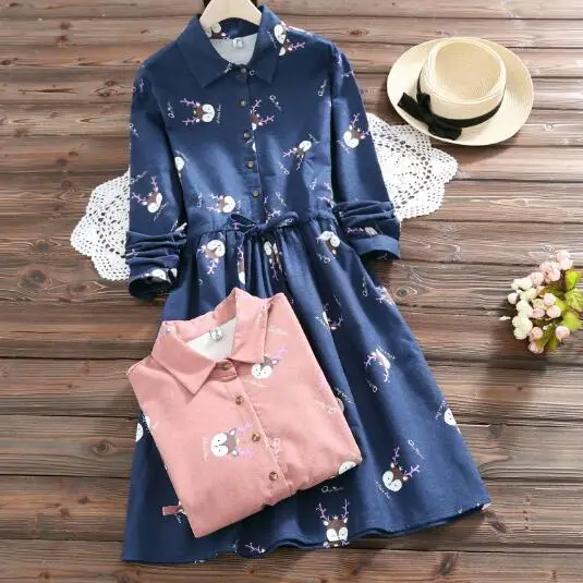 2018 весенние женские милые платья с длинным рукавом Kawaii принтом лисы хлопковые