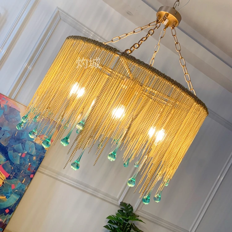 

Retro light luxury copper chain blue glass water droplet living room bedroom chandelier post modern French dining room lamp