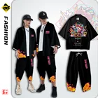 Кимоно в японском стиле для мужчин и женщин, традиционное японское кардиган с рисунком кошки, укороченные брюки, комплект на лето