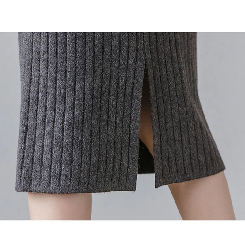 

New 2020 Autumn Winter Thicken Knit Skirt Women High Elastic Waist Rib Long Slit Skirt High Waist Skirts Womens Casual faldas