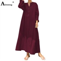 long maxi dress long sleeve casual pullovers cotton linen dresses plus size women autumn 2021 single breasted dress loose robe