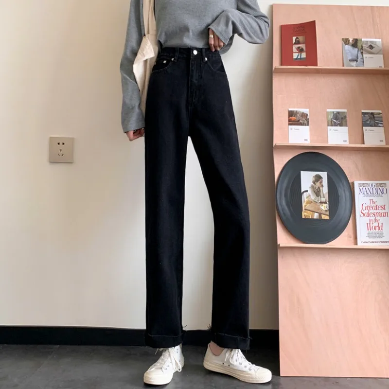 Черные брюки для женщин новинка весны 2021 однотонные прямые свободные джинсы в