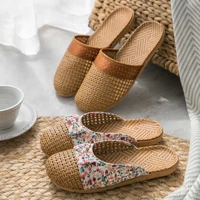 women floral bow linen home slipper summer female male non slip family flax slippers ladies new indoor floor shoes women