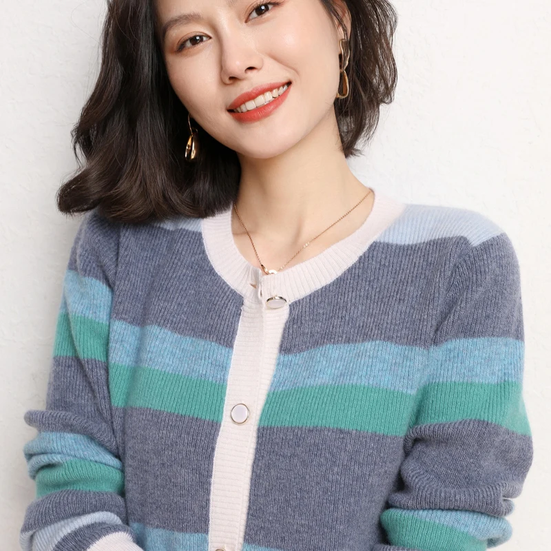 Осенний Новый кардиган с круглым вырезом свитер шерстяное вязаное однобортное