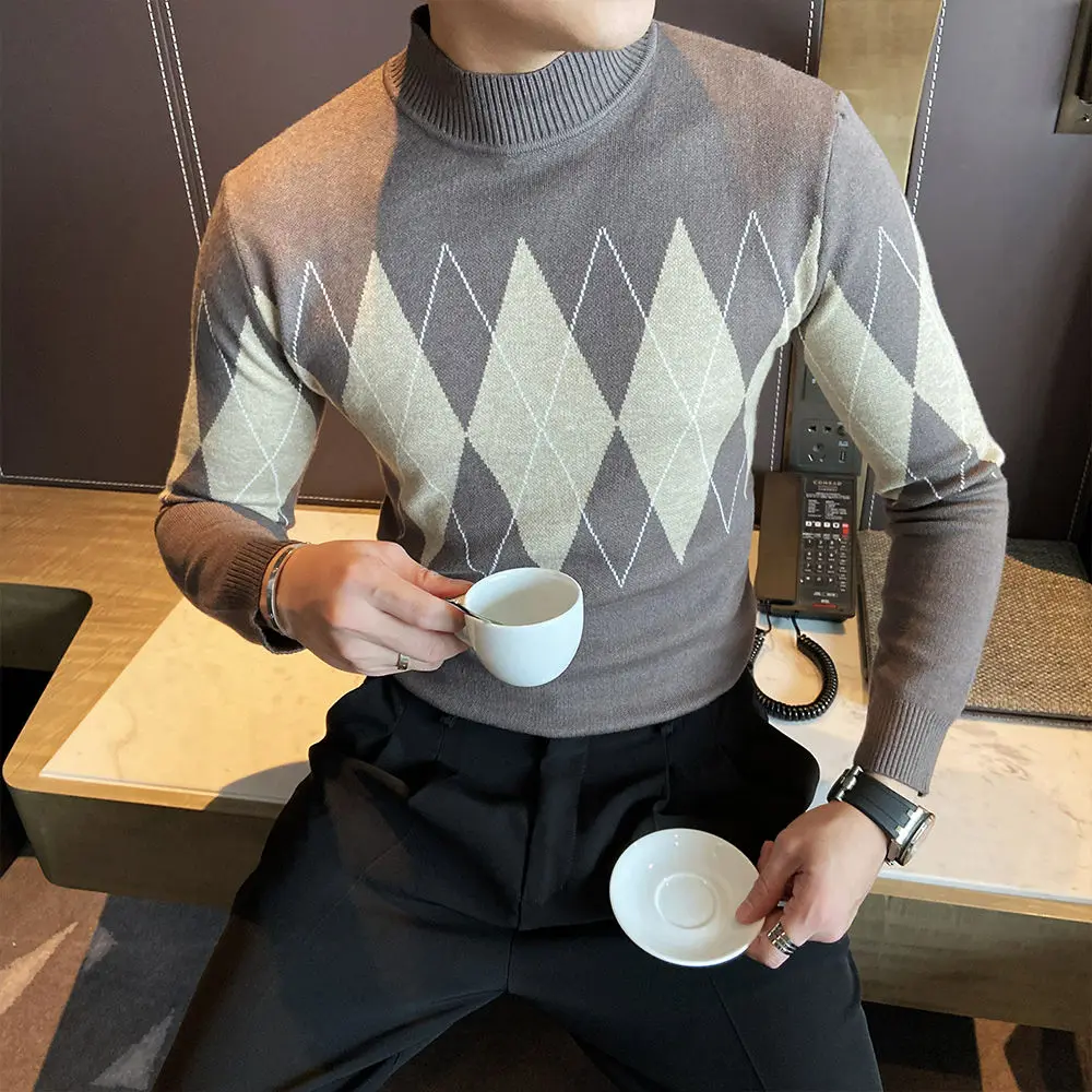 Свитер Мужской трикотажный облегающий с высоким воротником в клетку | Мужская