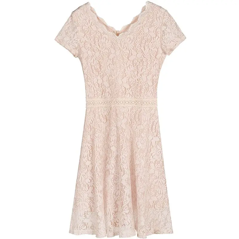 

COIGARSAM 3XL Plus Size Fashion Lace Women dress New Summer Short Sleeve Hollow Out Dresses Blue Black White Pink Apricot 9865