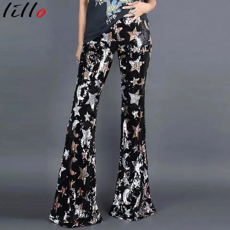 Брюки женские эластичные с блестками и высокой талией расклешенные брюки со
