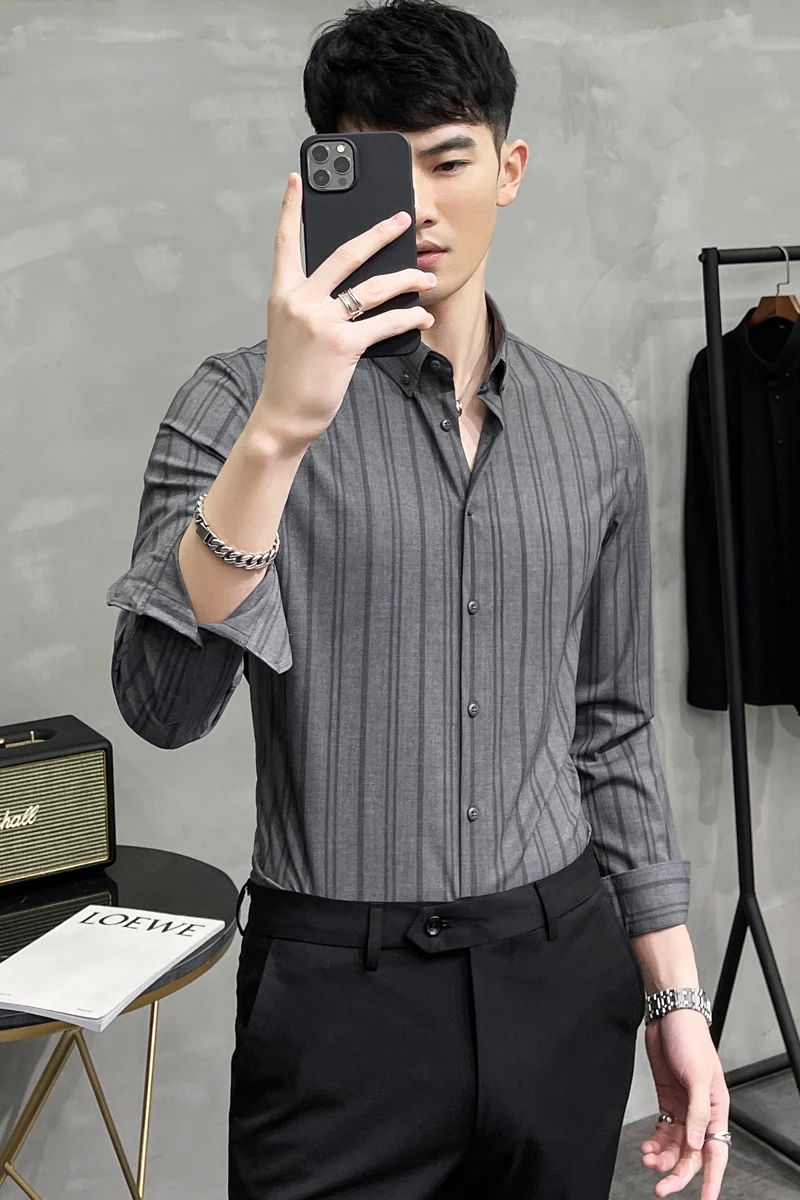 

Fashion Striped Shirts Men Business Casual Shirt 2021 Spring Long Sleeve Slim Fit Formal Dress Shirts Social Party Blouse Camisa