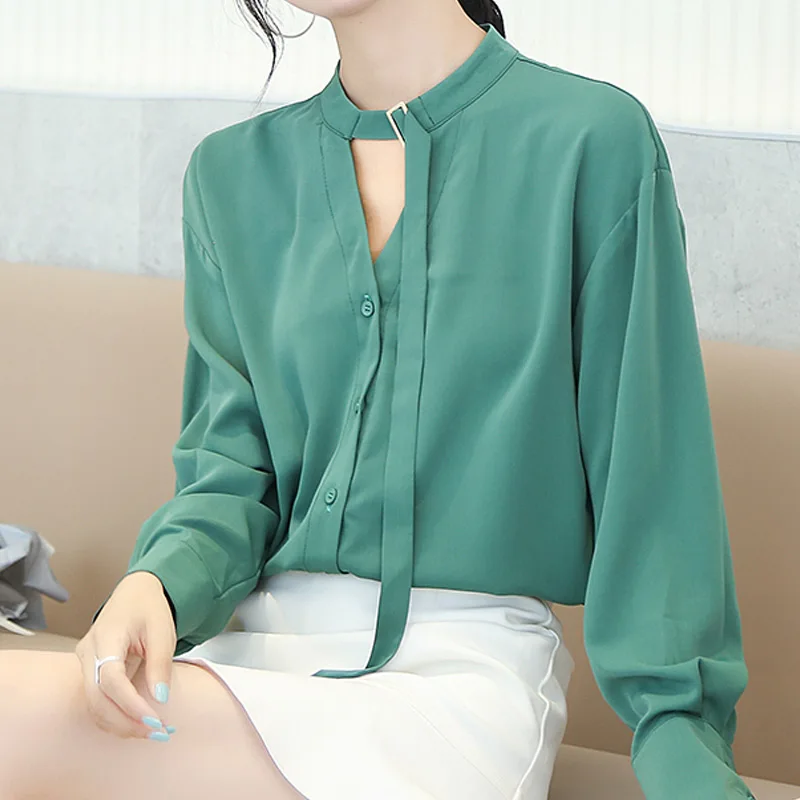 

Женская офисная блузка с V-образным вырезом, элегантная зеленая винтажная блузка в Корейском стиле с длинным рукавом, весна 2021
