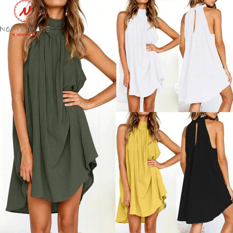 

Fashion Women Summer Solid Color Mini Dress Irregular Shrinkage Design O-Neck Sleeveless Mid Waist Slim Pullovers Dress