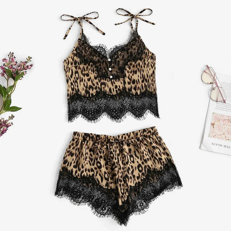 

Sexy Sleepwear Set Sling Sleepwear Lingerie Lace Leopard Print Underwear And Shorts Pajama Set Bayan Gecelikler