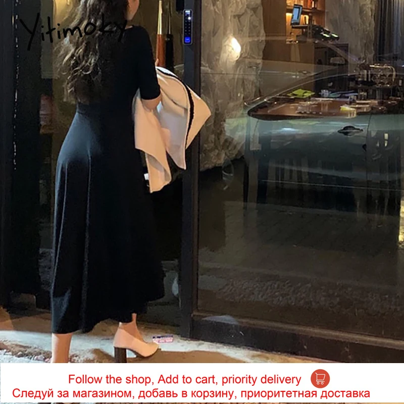 

Yitimoky Elegant High Waist Dresses for Women 2021 Short Sleeve Slash Neck Unicolor Summer Korean Clothes New A-LINE Blue Black