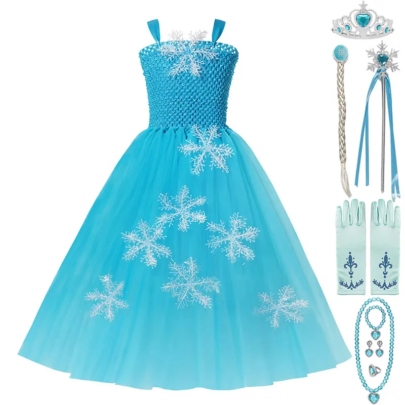 

Elsa Ball Gown For Girl Sling Snowflake Appliques Blue Dress Teenage Evening Party Princess Costumes 2-12T Cosplay Tulle Tutu