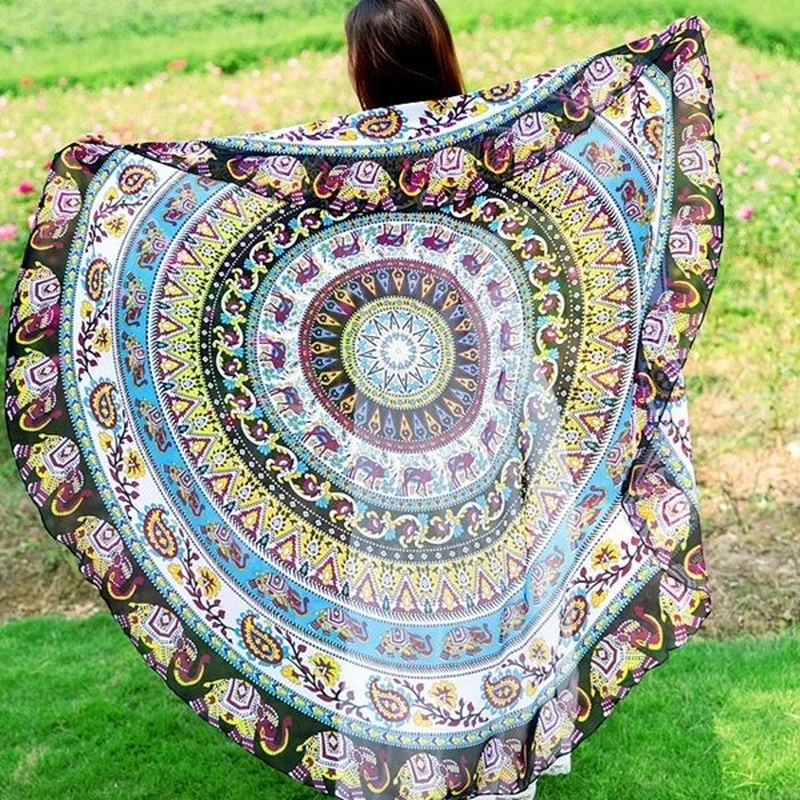 

150cm Bohemian Thin Chiffon Beach Mat Mandala Round Silk Scarf Bed Sheet Tapestry