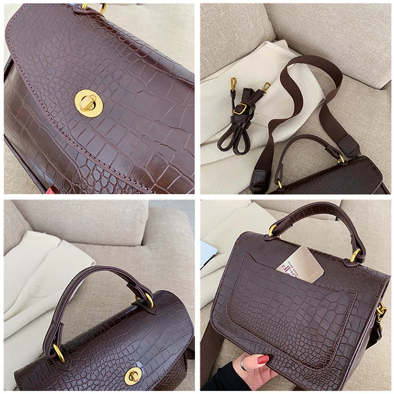 

Vintage Alligator Women Handbags Designer Wide Strap Shouder Bags Luxury PU Leather Crossbody Bag Ladies Small Flap Purses 2019