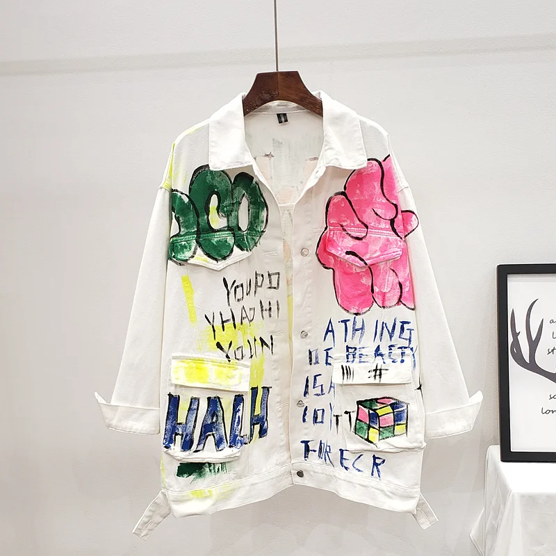 

Streetwear Spring Women White Denim jacket Fashion Personality Graffiti Print Casual Jean jacket Female Hip-hop style Jeans coat