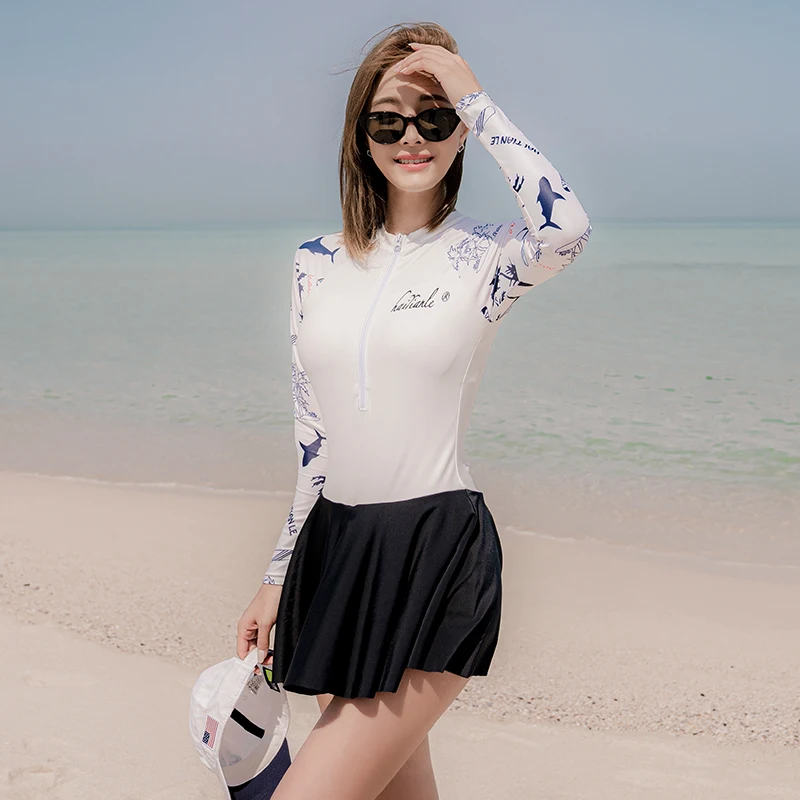 

Women's Uv Protection Long Sleeve Shirt One Piece White Shirt Black Skirt Dolphin Coconut Tree Pattern Surfing Swimsuit Badpak