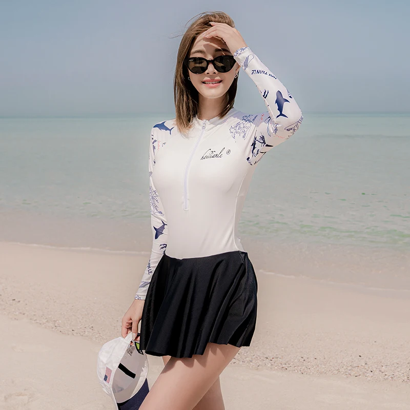 Фото Женская УФ-защита рубашка с длинным рукавом цельная белая черная юбка Дельфин