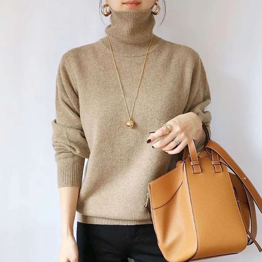 

Женский свитер с высоким воротником Y2K, повседневный Однотонный пуловер с длинным рукавом, модные офисные облегающие вязаные топы, Осень-зи...