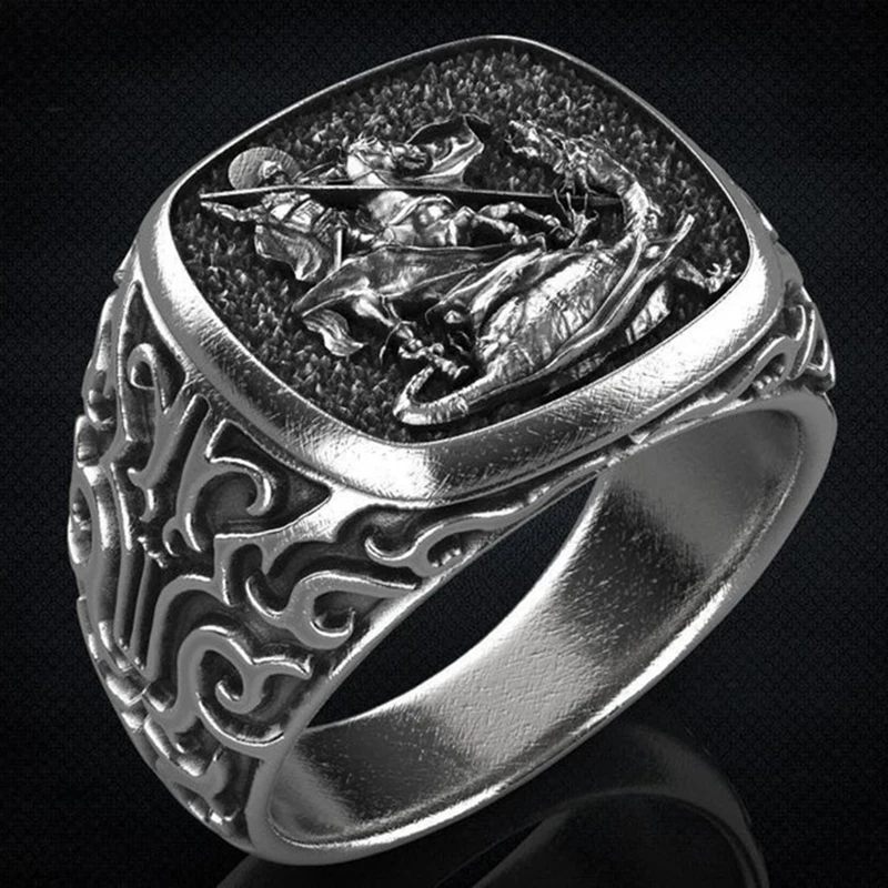 

Vintage Thai Silver Slaughter Dragon Warrior St. George Rings For Men Retro Fashion Jewelry Norse Mythology Viking Ring Gifts