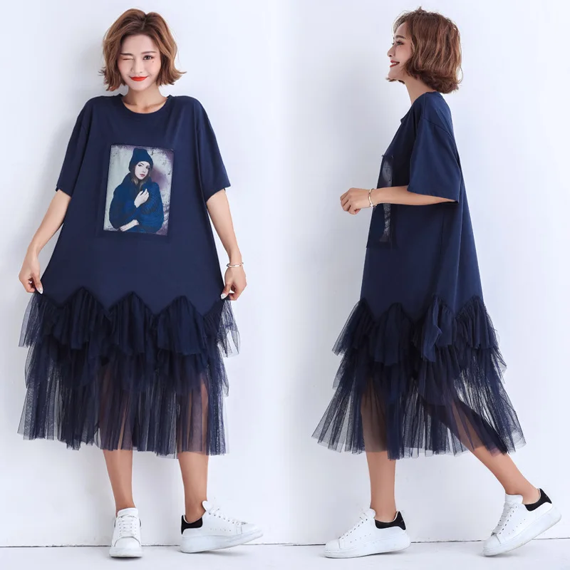 Женское платье футболка с коротким рукавом и круглым вырезом большого