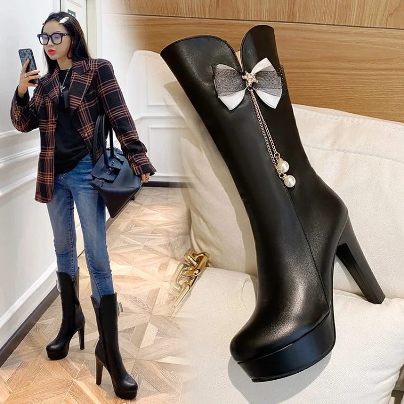 FXYCMMCQ Size 34-43 Bowknot High Heel Boots Waterproof Platform Korean Women's Shoes A-28