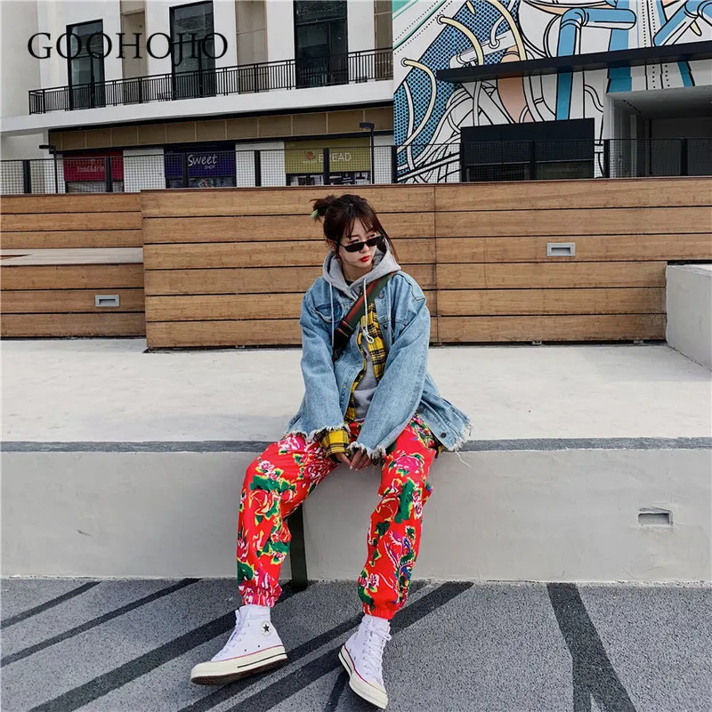 

GOOHOJIO 2021 New Spring Autumn Vintage Pants Couples All-match Loose Hip Hop Women Pants Fashionable Safflower Trousers Women