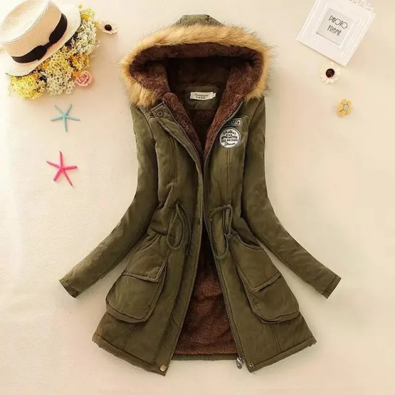 

Women's new autumn and winter retro hooded mid-length warmth stitching chic fur collar plus velvet thick loose cotton jacket