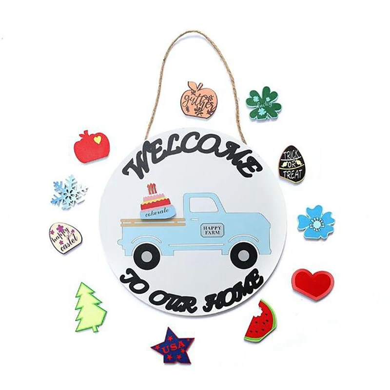 

Garden Welcome Sign Wood Flower Wreath Holiday Hanging Front Door Sign Welcome Wall Sign Home Pendant Decoration