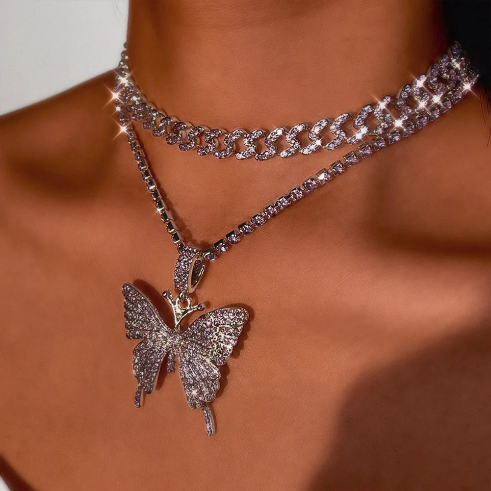 

Silver Color Cuban Link Rhinestone Butterfly Pendant Choker Necklace For Women Shiny Crystal Charm Tennis Chain Necklace Jewelry