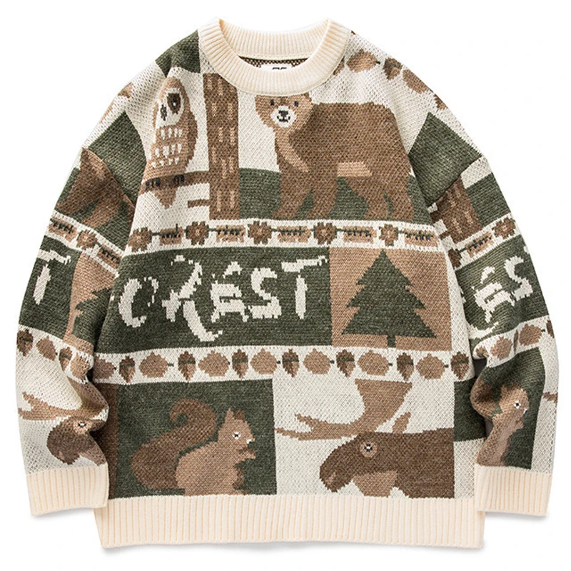 

New Men Jungle Animal Knitted Sweater Sueter Masculino Couple Harajuku Vintage Casual Knitwear Pullover Fashion Tops Autumn