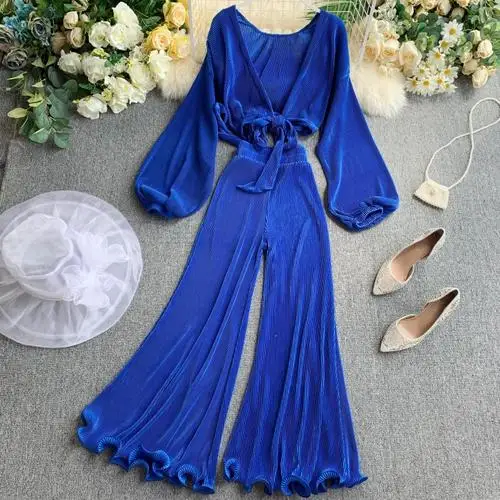 Blue Gagagnight модные женские туфли комплект из двух предметов свободные топы с длинными рукавами Блузка Связывание оборками эластичный пояс лодыжки длина - Цвет: Blue