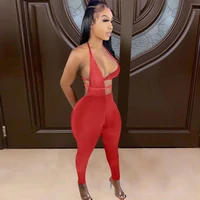 sexy nightclub tight fitting solid color strappy rompers for women halter hollow skinny jumpsuit summer party clubwear playsuit